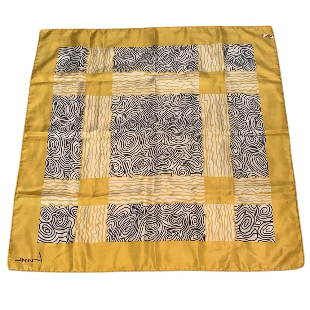 Vintage Lind Silk Scarf Yellow Black Swirls Scarf Art To Wear Geometric 26X26